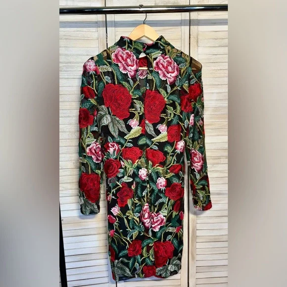 Boston Proper Festive Rose Embroidered Lace Long Sleeve Sheath Dress - Picture 7 of 7